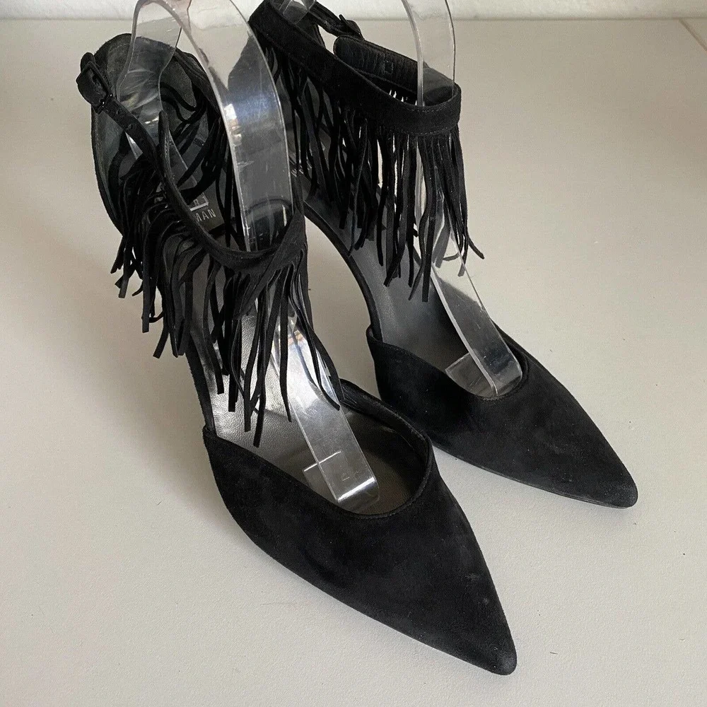 Stuart Weitzman Fringelica Black Suede Pump Point Toe Fringe Slim Heel A…